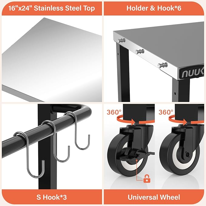 NUUK Grill Cart 16" x 24" Dining Prep Table 3-Shelf Kitchen Worktable Rolling Outdoor Pizza Oven Carts with Stainless Steel Top for Outside BBQ Tables