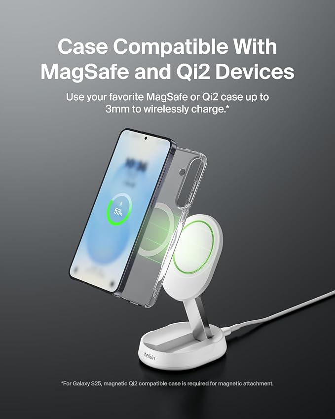 Belkin Convertible Magnetic Charging Stand 15W - MagSafe-Compatible Fast Qi2 Charger, iPhone Charger for Apple iPhone 16, 16 Plus, 16 Pro, 16 Pro Max, iPhone 15 & 14, Apple Airpods Pro, & More - White