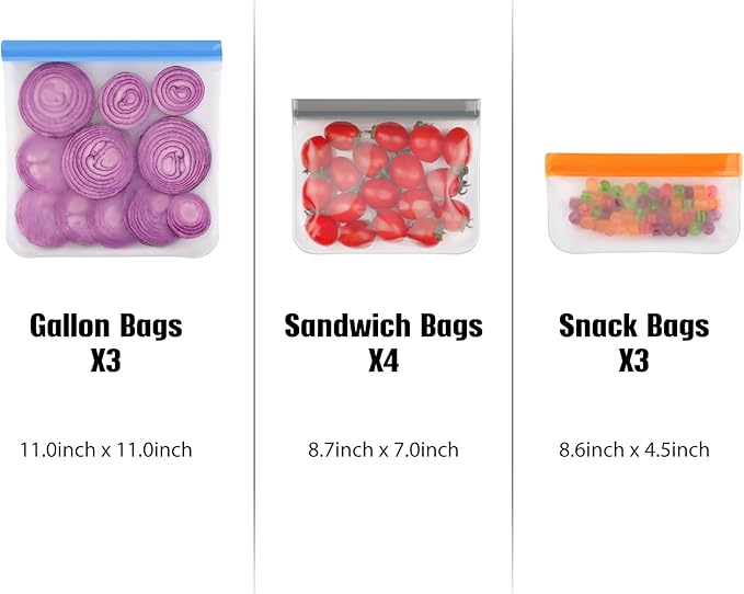 Lerine 10 Pack Dishwasher Safe Reusable Bags, Leakproof Reusable Freezer Bags, BPA Free Food Storage Bags for Lunch Marinate Food Travel(White) - 3 Gallon 4 Sandwich 3 Snack Bags