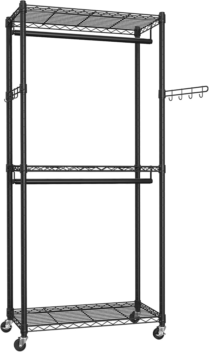 SONGMICS Heavy-Duty Rolling Clothes Rack, Garment Rack, Portable Closet, 29.5-Inch Wide Clothing Rack on Wheels, with Adjustable Mesh Shelves and Hanging Rails, Hooks, Ink Black ULGR412B01