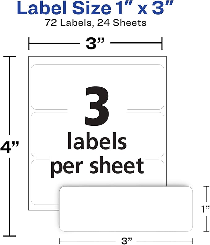Avery Multi-Use Removable Labels, 1" x 3", White, Non-Printable, 72 Blank Labels Total (6728)