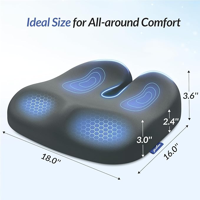 ZIKEE Ergonomic Seat Cushion with Thigh Relief Slope, Office Chair Cushion with Premium Memory Foam for Car, Home, U-Shaped Design Alleviates Hip, Tailbone Pain, Anti-Slip Sciatica Pain Relief (Gray)
