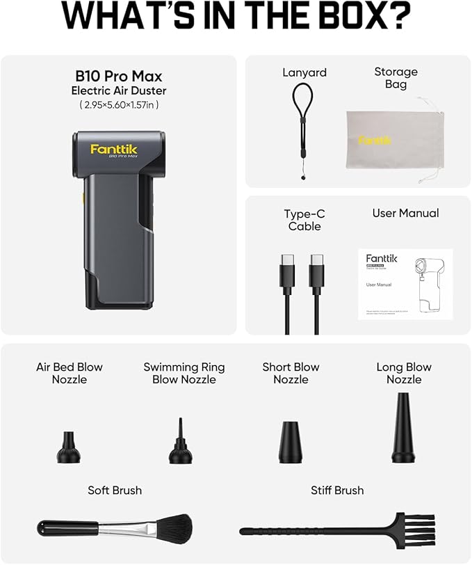 Fanttik B10 Pro Max Electric Air Duster, 130000RPM Brushless Motor, Compressed Air Duster, 6 Gears Adjustable, One-tap Booster, 28.8Wh Rechargeable Battery, Electric Duster for PC, Car, House, Outdoor