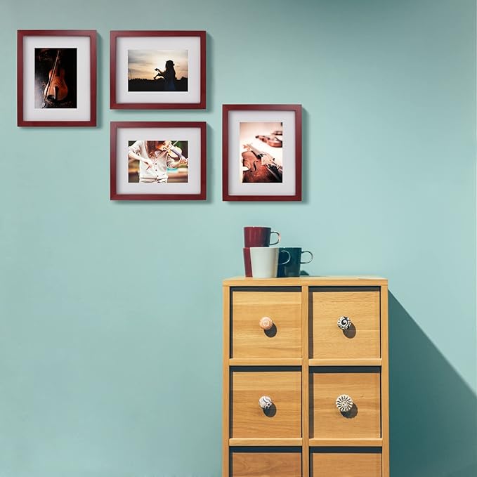 Egofine 8x10 Picture Frame Made of Solid Wood, Covered by Plexiglass for Pictures 4x6 or 5x7 with Mat or 8x10 Without Mat, Photo Frame for Table Top and Wall Display, Cherry Red
