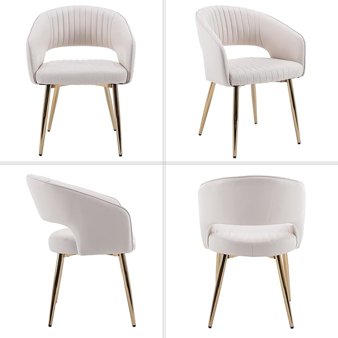Modern Dining Chairs Set of 6, Upholstered PU Leather Gold Dining Room Chairs with Hollow Back, Accent Armrest Kitchen Chairs with Gold Legs for Living Room Cream
