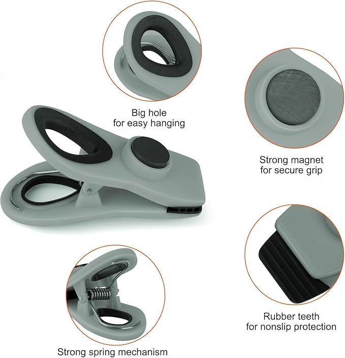 TACGEA Chip Clips, Magnetic Bag Clips with Air Tight Seal for Food Storage, 12 Pieces (Gray)