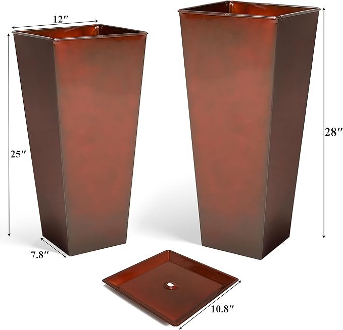 Worth Garden Large Metal Glazed Planter Set of 2 (25" + 28"), Luxurious Glossy Finish Red Tall Square Tapered Steel Plant Pot, Decor Flower Pot Indoor & Outdoor, Drainage Hole & Dual-Purpose Saucer
