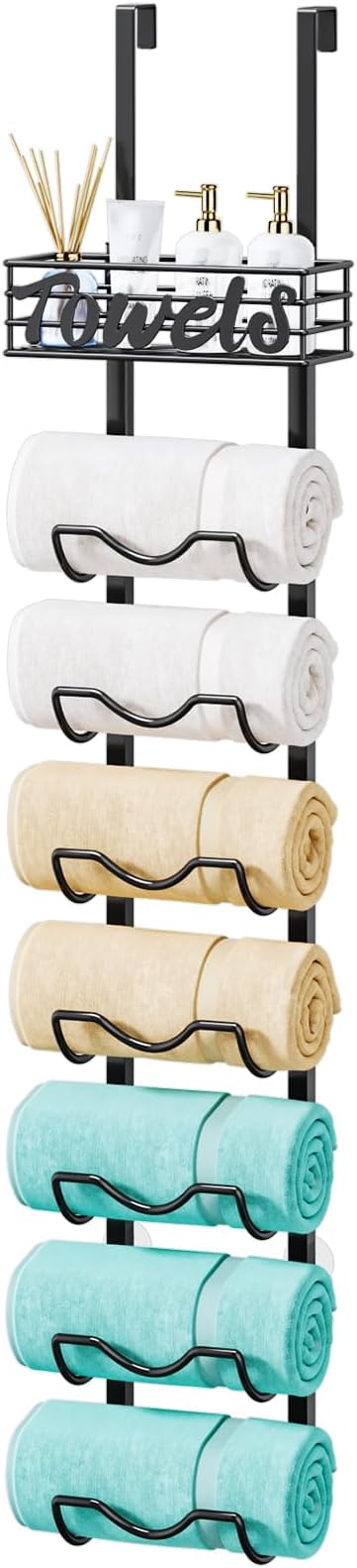 HapiRm Over The Door Towel Rack - 8 Tier Wall Mount Rolled Towel Holder Storage Organizer Shelf with Storage Basket for Small Bathroom, Rv, Camper - Black