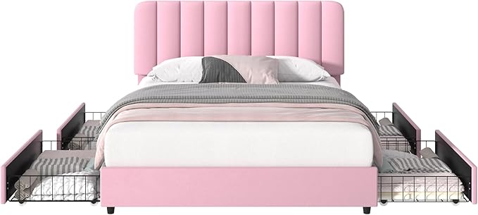 VECELO Queen Size Upholstered Bed Frame with 4 Drawers and Headboard, Velvet Platform Storage Bedframe, Wooden Slats Support, No Box Spring Needed,Pink