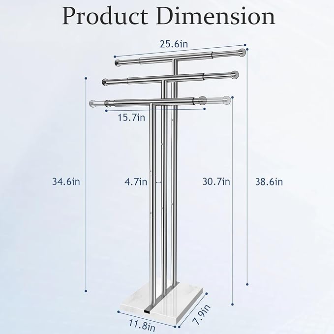 Kayfia 40" Standing Towel Rack with Weighted Marble Base, Width Adjustable & Taller Bathroom Towel Rack Stand, 3-Tier Towel Racks for Bathroom, Multiple Spaces Stainless Steel Brushed Finish