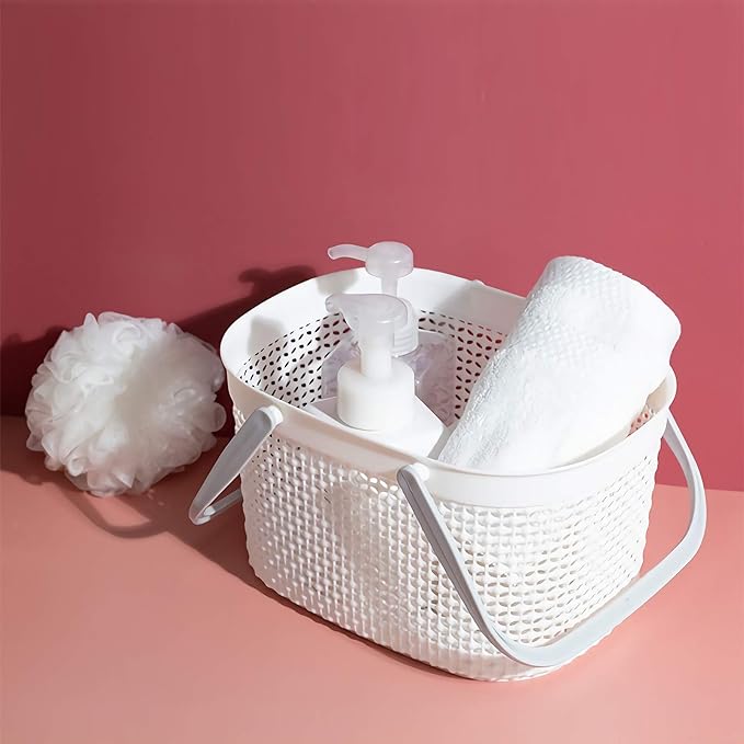 rejomiik Portable Shower Caddy Basket, Plastic Organizer Storage Tote with Handles for Bathroom, College Dorm, Kitchen, White