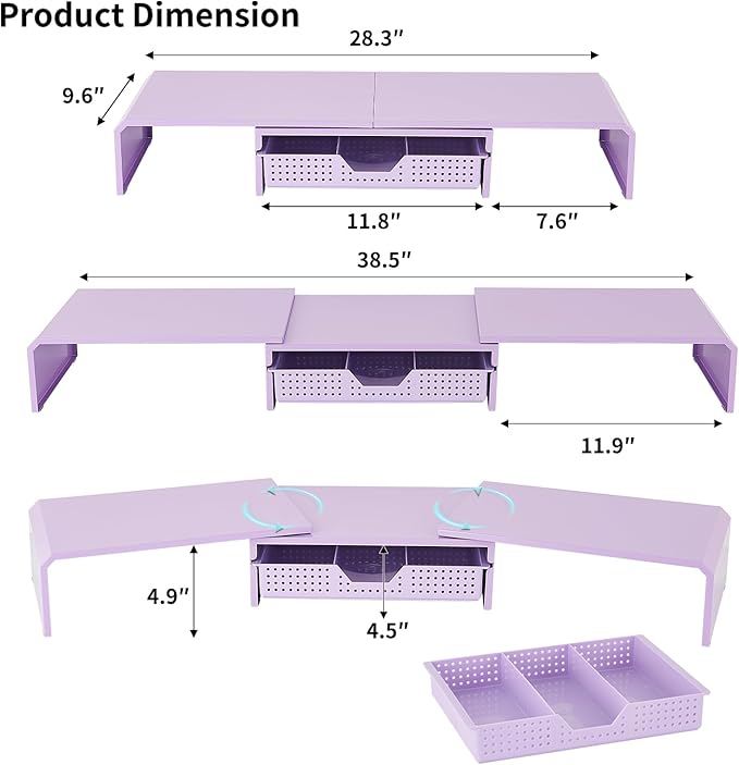 Dual Monitor Stand Riser with Drawer, Desk Organizer and Accessories, Metal Laptop Stand for Desk, Workspace Desktop Stand for Computer, Laptop, TV and More (Purple)