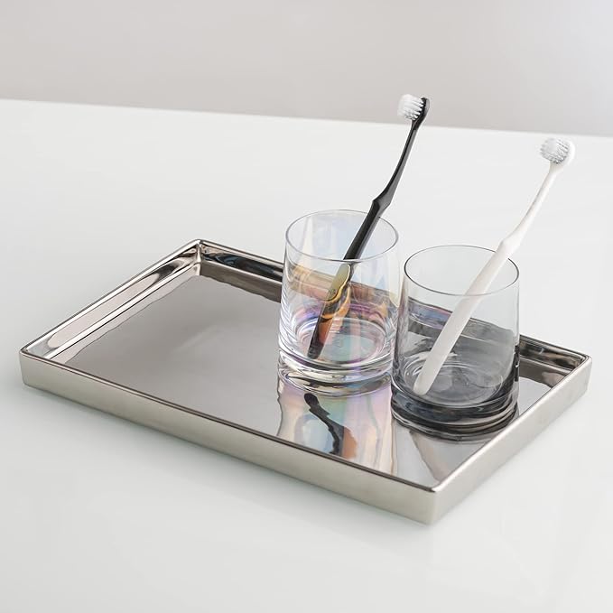 Silver Ceramic Jewelry Mirror Tray Vanity Holder Rectangular Mini Small Medium Large
