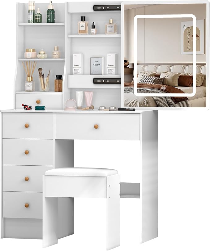 Vanity Desk with Sliding Mirror and LED Lights, Small Makeup Vanity Table Set with Chair and Drawers, White Vanity with Lighted Mirror for Bedroom, Dressing Table for Teen Girls and Women