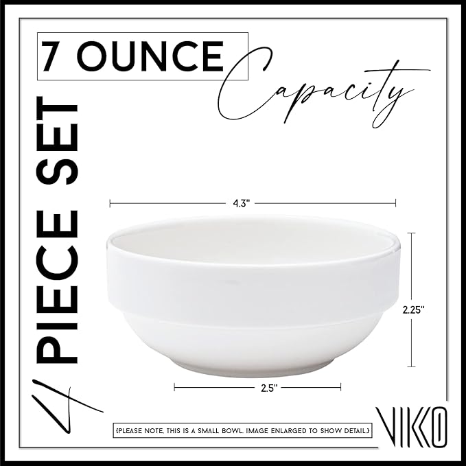 Vikko Small 7 Ounce White Bowl, Set of 4 White Dessert Bowls, Fine Porcelain, Stackable Small Snack Bowl, Dishwasher Safe
