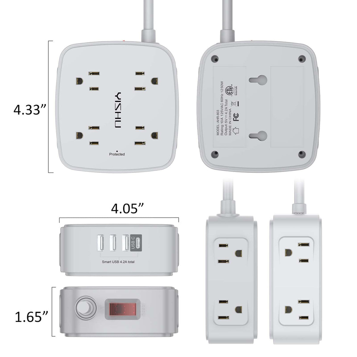 10 Ft Surge Protector Power Strip - 8 Widely Outlets with 4 USB Ports, 3 Side Outlet Extender with 10 Feet Extension Cord, Flat Plug, Wall Mount, Desk USB Charging Station, ETL, Grey