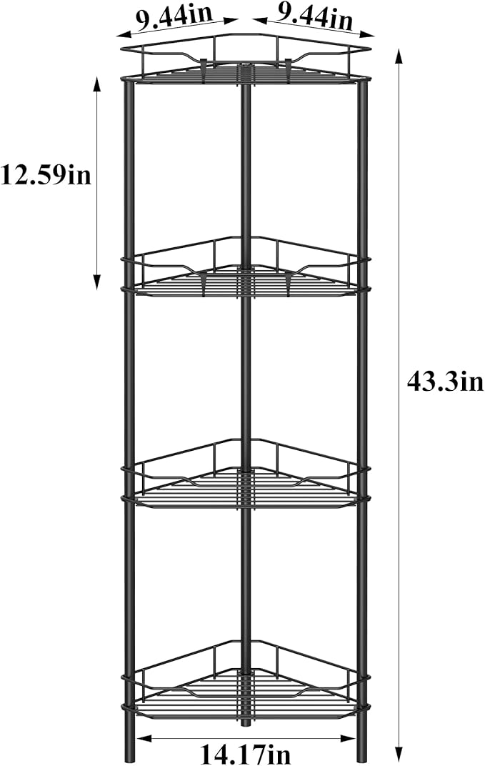 4 Tier Floor Standing Corner Shower Caddy Organizer Shelf with Hooks, Bathroom Shelves Stand Rack, Matt Black