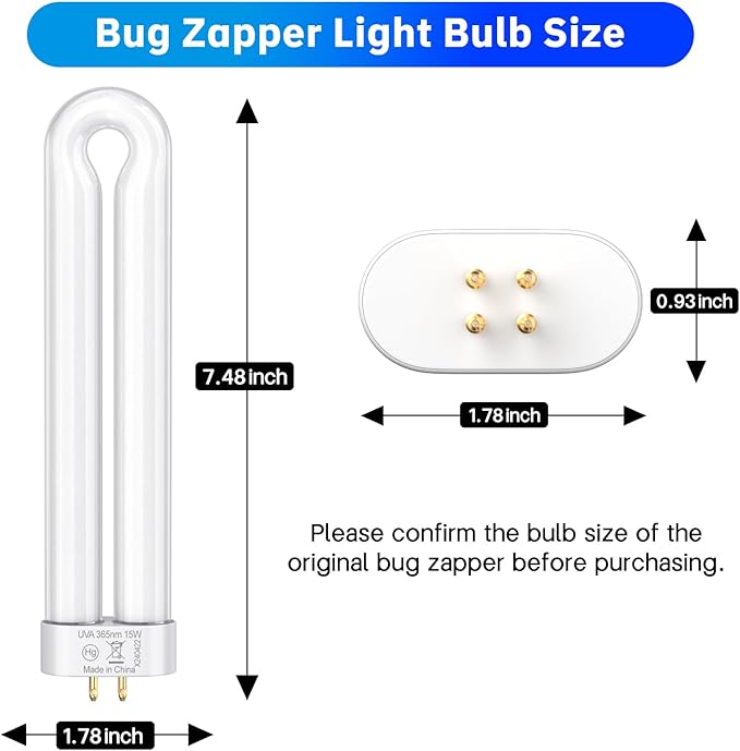 Klahaite Replacement Light Bulb Bug Zapper 15W Bug Light Bulbs for K15, X3,T6, T8, T9 Bug Zapper Outdoor 4-Pin Base U Shaped Twin Tube Bulb for Outdoor Mosquito Zapper, 2 Pack