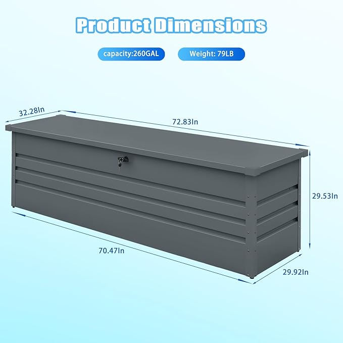 260 Gallon Outdoor Storage Box Waterproof, Extra Large Metal Deck Box and Patio Cushion Box for Storing Gardening Tools, Pool Supplies