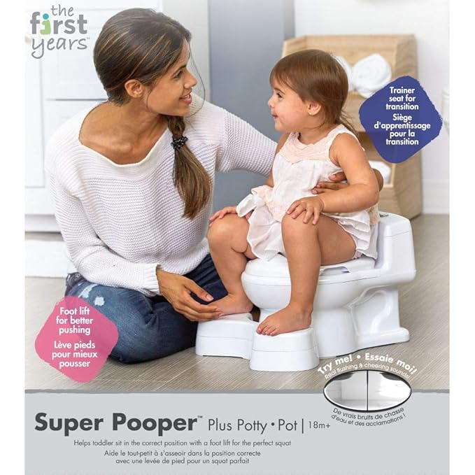 The First Years Super Pooper Potty Training Toilet Plus Potty Seat with Foot Rest — White — 2-in-1 Toddler Toilet Seat and Potty Chair