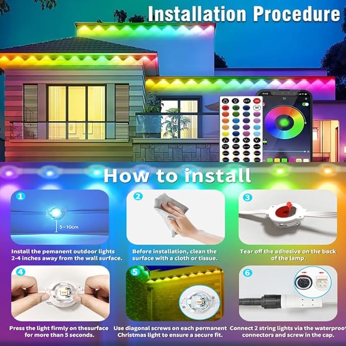 Permanent Outdoor Lights,200ft RGB + IC Smart LED Eaves Lights with App & Remote Control, IP67 Waterproof,for Christmas and All Holiday Decor,Daily and Accent Lighting,House Roof and Garden Lighting