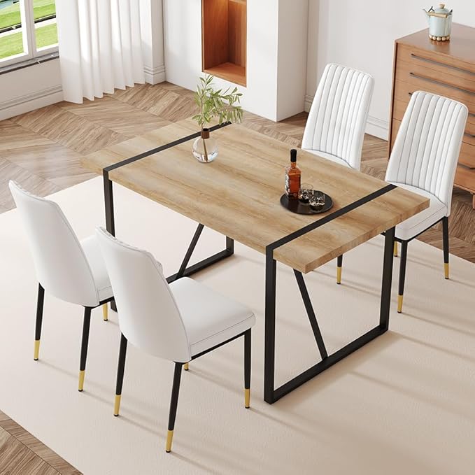 Dining Table Chairs Set for 4, Modern Rectangular Dining Room Table Set PU Leather Upholstered Dining Chairs 55" Dinner Table Set for Kitchen, Dining Room (Dining Table Set for 4, White)