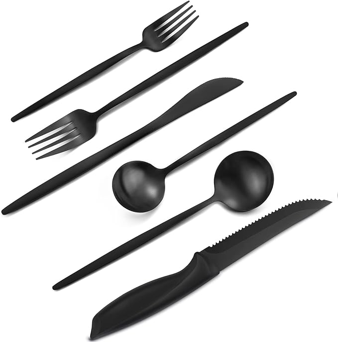 VANVRO 48 Pieces Matte Black Silverware Set with Steak Knives,Satin Finish tableware Cutlery Set,Black Flatware Set for Home and Restaurant,Knife Spoon And Fork Sets for ervice for 8