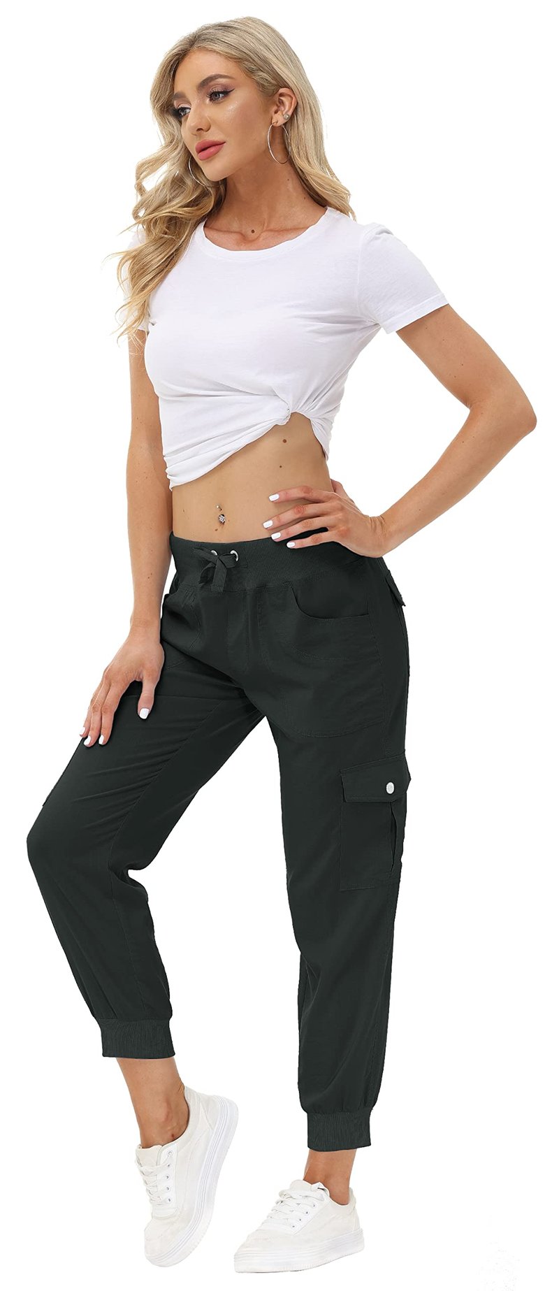 MoFiz Women Cargo Pants with Pockets Lightweight Outdoor Summer Travel Casual Hiking Pants Running Joggers Sweatpants Elastic Waist Dark Grey 2XL