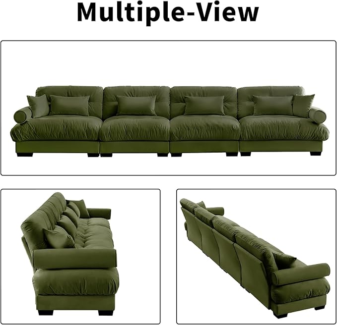 166" Oversized Couch, 4 Seater Modular Sectional Sofa, Olive Large Sectional Couches for Living Room, 4 Seater Velvet Fluffy Cloud Couch Set with 6 Pillows, Deep Seat Sofas for Living Room