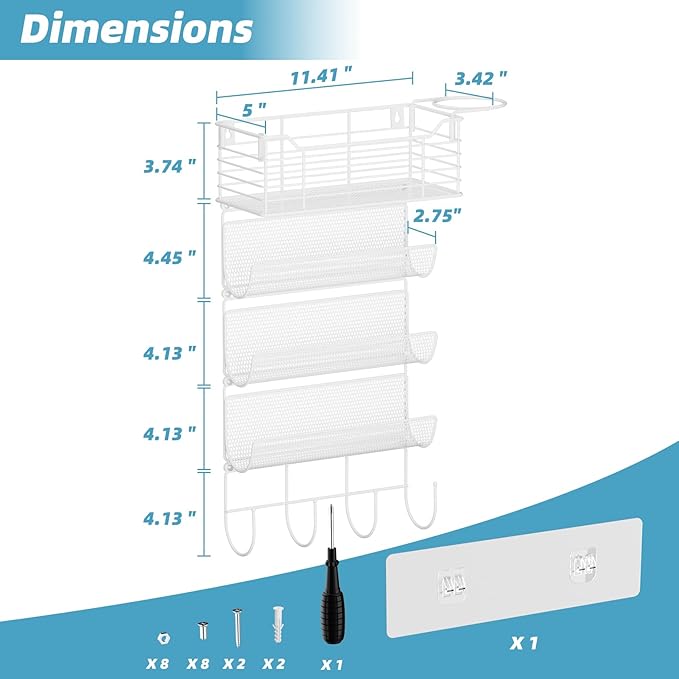 VITVITI Metal Hair Tool Organizer Wall Mount, Hair Dryer Holder with 4 Tier Shelf Basket Hooks, Bathroom Hairs Styling Tool Organizer for Curling Iron/Blow Dryer/Straightener, White