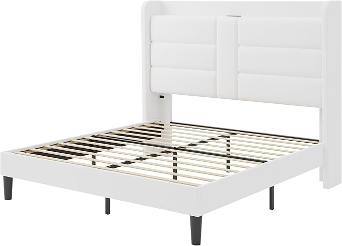 SHA CERLIN Queen Size Bed Frame with Charging Station & Storage Headboard, Velvet Platform Bed with Upholstered Modern Wingback Design, Wooden Slats Support, No Box Spring Needed, Easy Assembly, White