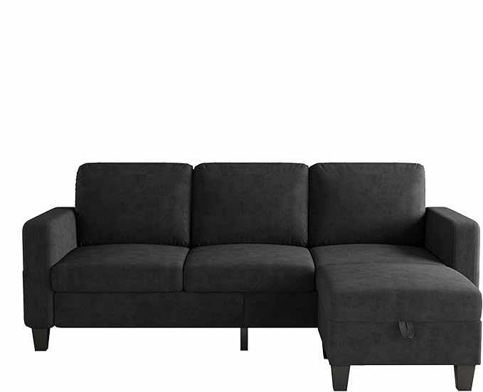 Sectional Sofa Couches for Living Room, 78'' Black 3 Seater L-Shaped Couch with Storage Ottoman, Comfy Velvet Convertible Sectionals Sofas with Chaise for Apartment, Office, Small Space