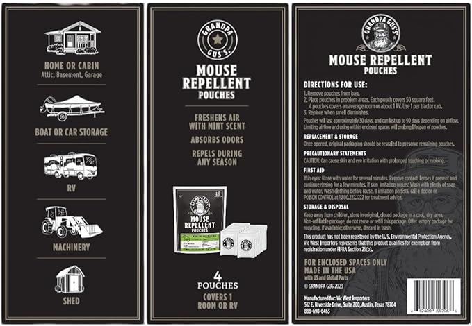 Grandpa Gus's Natural Mouse Repellent Pouches, Cinnamon/Peppermint Oils Repel Mice from Nesting in Home/Cabin/Boat/Car Storage/RV/Machinery/Shed (16 Pouches)