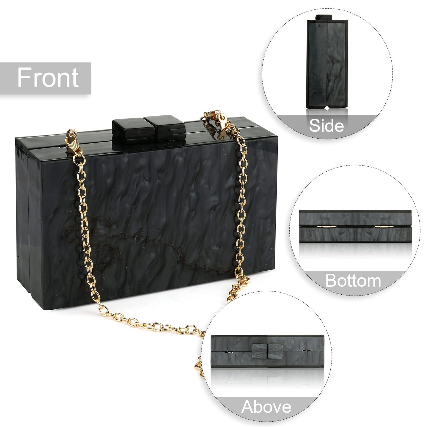 Acrylic Purses and Handbags with Marbling for Women Elegant Banquet Evening Crossbody Handbag Box Clutch (Black)