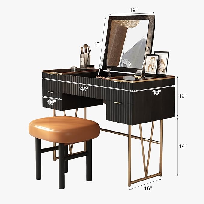 Lartis Flip Top Vanity Table Stylish Makeup Vanity with Stool, Makeup Vanity Desk, Reversible Makeup Mirror, Hidden Storage Compartment,Very Easy to Assemble