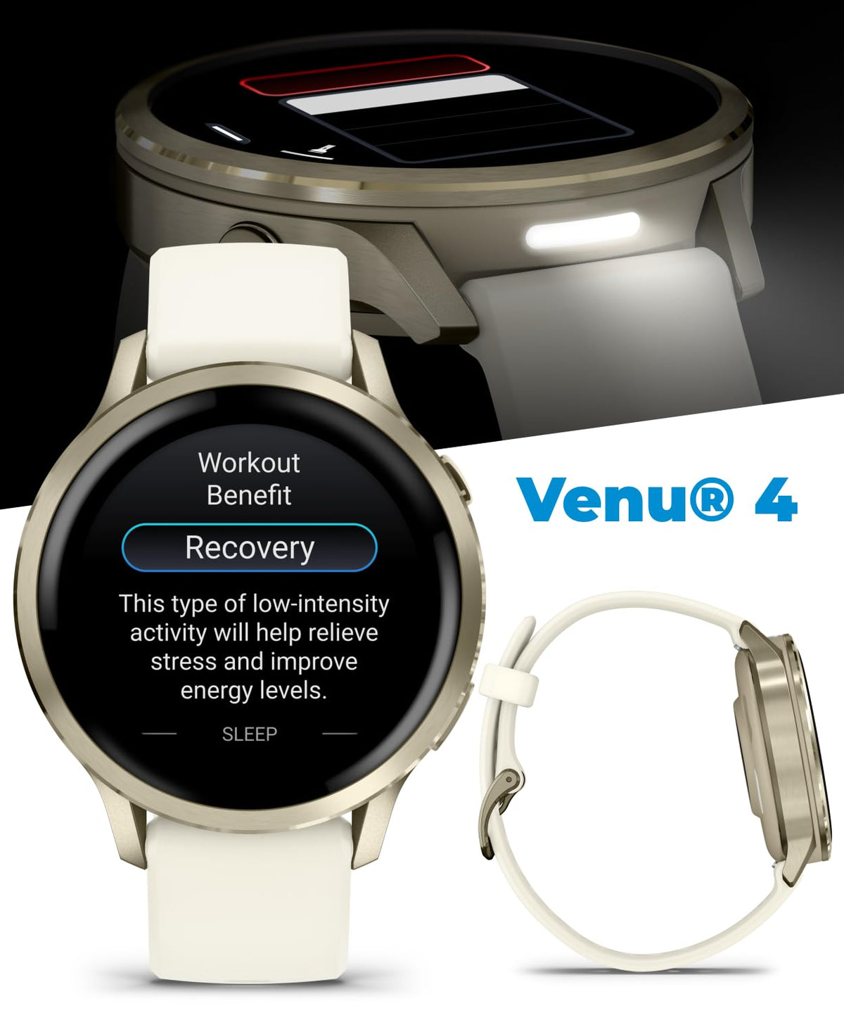 Garmin Venu 4 41mm AMOLED Advanced Health & Fitness GPS Smartwatch, Bright & Colorful Display, Built-in Flashlight, Up to 10 Days, Lunar Gold w/Bone Silicone Band w/Wearable4U PowerBank Bundle