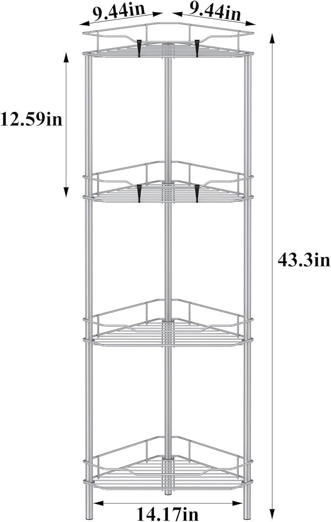 4 Tier Floor Standing Corner Shower Caddy Organizer Shelf with Hooks, Bathroom Shelves Stand Rack, Silver