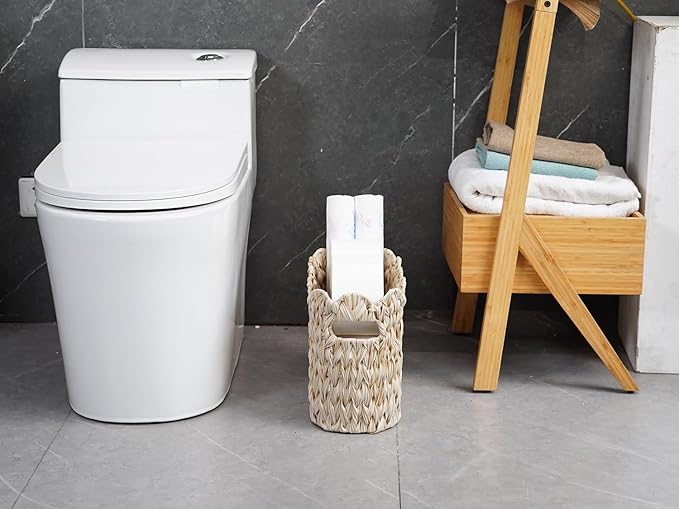 Toilet Paper Storage Basket,Boho Decorative Scalloped Baskets,Coastal Bathroom Decor,Hand-Woven Plastic Wicker Bathroom Accessories Organizer