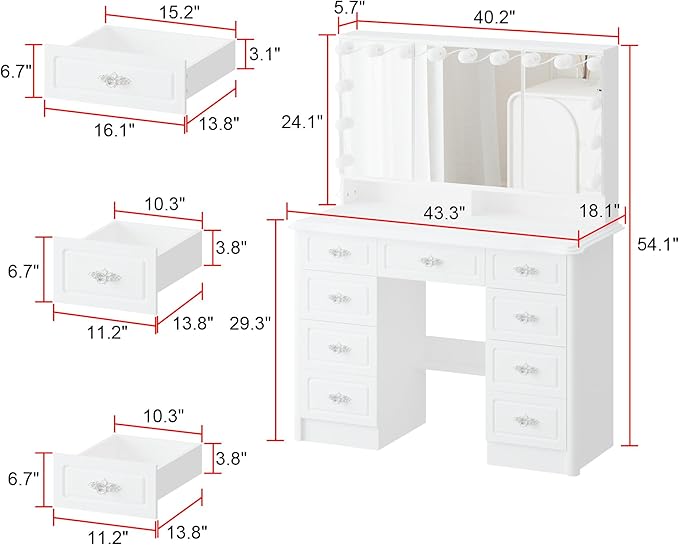 ECACAD White Makeup Vanity Desk with 15 Light Bulbs & 3 Mirrors, Modern Vanity Table Dressing Table with 9 Drawers, Hidden Shelves & Foldable Mirror, 3 Color Lighting Modes, Brightness Adjustable