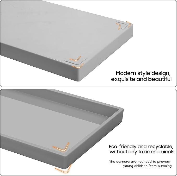 Vanity and Bathroom Tray, 15" ABS Countertop Organizer,Waterproof Vanity Tray for Toilet Tank,Perfume,Soap,Keys,Bathroom Accessories,Kitchen and Bath Trays,Non Slip Small Trays,Gray,2 Pack