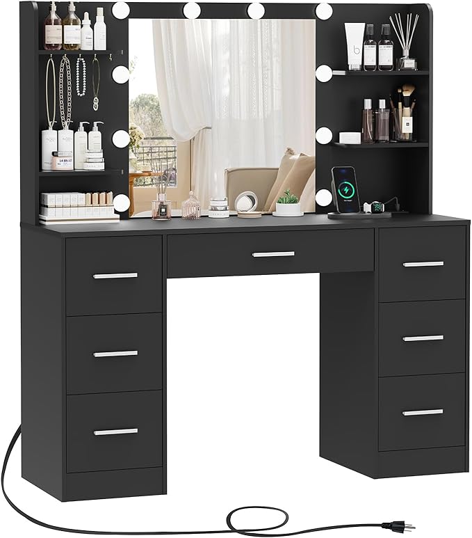Large Makeup Vanity, 42.1" Vanity Desk with Mirror and Lights, Makeup Vanity Table with 7 Drawers, 4 Shelves, 5 Jewel Hooks & Power Strip, Vanity Desk Set for Bedroom, White