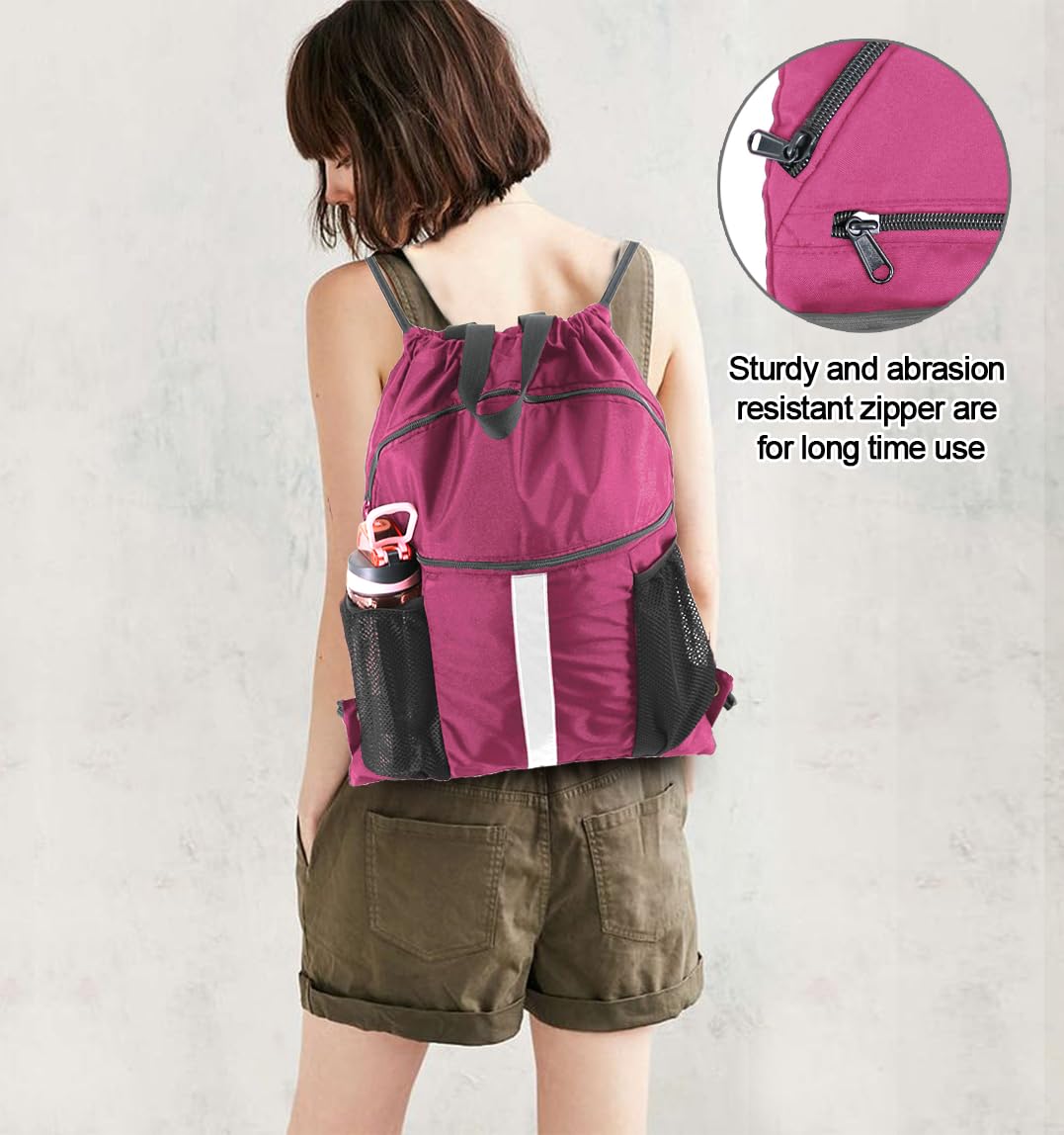 BeeGreen Rose Red Drawstring Backpack Bag with Shoe Compartment X-Large Gym Sports String Cinch Sackpack with Front Inside Zipper Pockets
