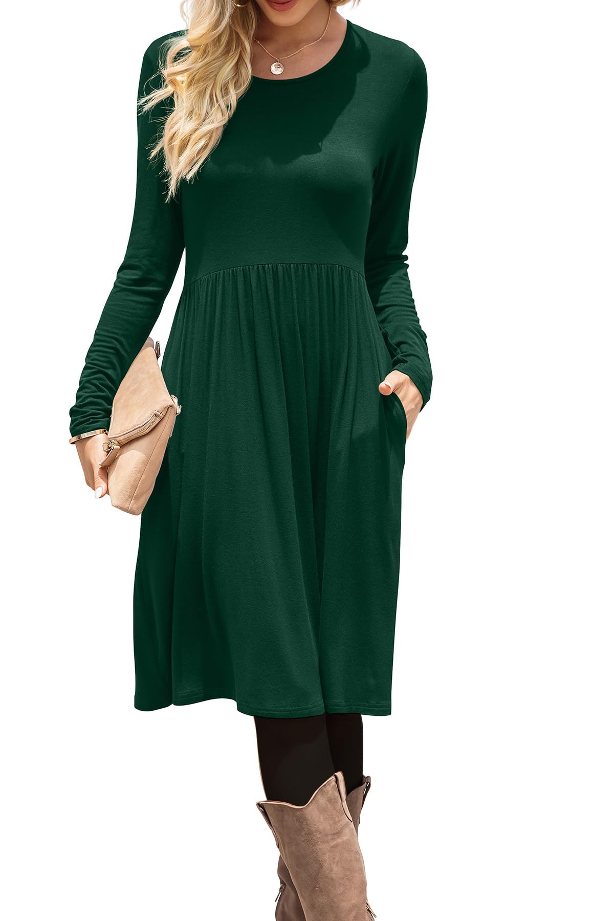 DB MOON Women Casual Long Sleeve Dresses Empire Waist Loose Dress with Pockets (Black, M)