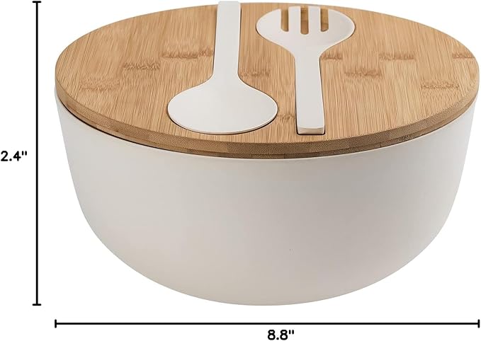 Bamboo Fiber Salad Bowl with Servers Set Large 9.8inches Nature Bamboo Mixing Bowl with Servers with Lid Spoon and Fork for Fruits,Salads and Vegetables