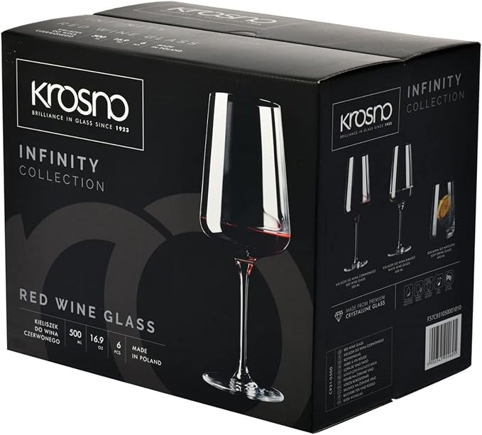 Krosno Red Wine Glasses | Elegant Design | Set of 6 | 16.9 oz | Infinity Collection | Ideal for Home, Restaurants and Receptions | Dishwasher Safe | Lead-Free Crystal Glass