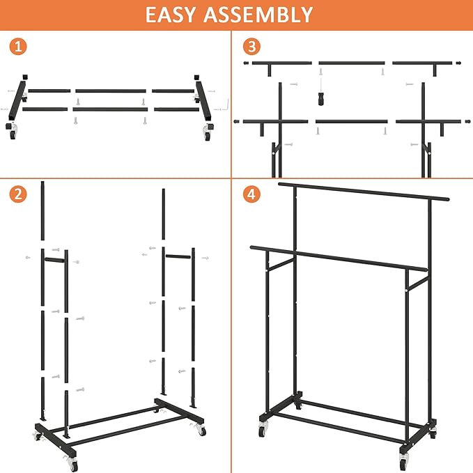 Calmootey Double Rod Clothing Garment Rack,Rolling Hanging Clothes Rack,Portable Clothes Organizer for Bedroom,Living Room,Clothing Store,Black