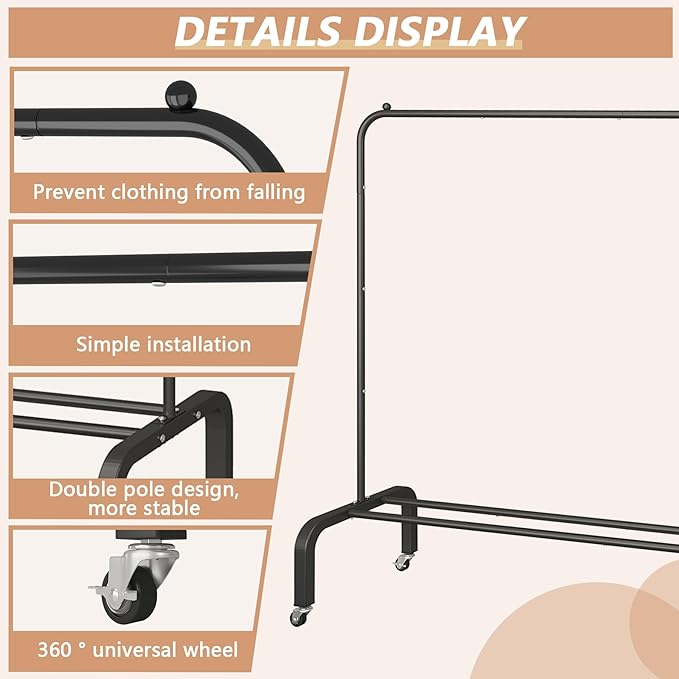 JIUYOTREE Metal Clothing Rack with Wheels, 43.3 Inches Rolling Clothes Garment Coat Rack with Bottom Shelf, Clothing Rack for Hanging Clothes, Coats, Skirts, Shirts, Sweaters, Black