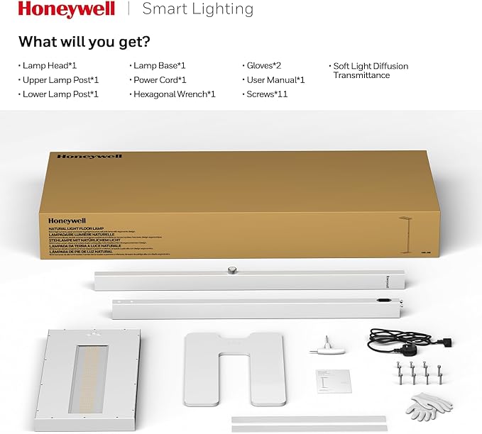Honeywell 8000LM LED Floor Lamp, 02E Gen Sunturalux Eye-Caring Reading Standing Light, 80W Modern Natural Daylight 4000K Dimmable 77" Tall Floor Lamps for Living Room Kids Study Home Office White