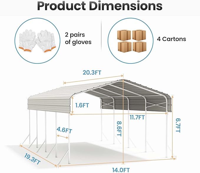 12x20 Carport, Heavy Duty Metal Car Port, All-Weather Protection, Easy Assembly for Cars, Trucks, Boats, Tractors, and Outdoor Storage