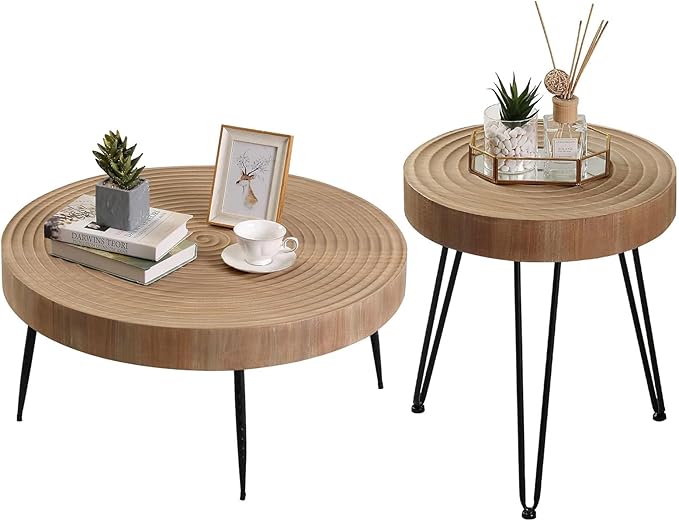 RUSTOWN Farmhouse Round Coffee Table Set of 2, Helical Ring Cocktail Table Set, Modern Circle Natural Wood Finsh Side and End Table Sets for Living Room, Natural
